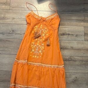 Vibrant Orange Strapless Dress with Embroidery